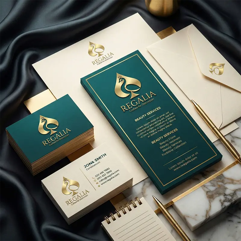Gold peacock beauty logo on stationery mockup