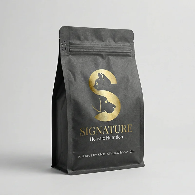 Gold cat and dog pet care logo on bag mockup