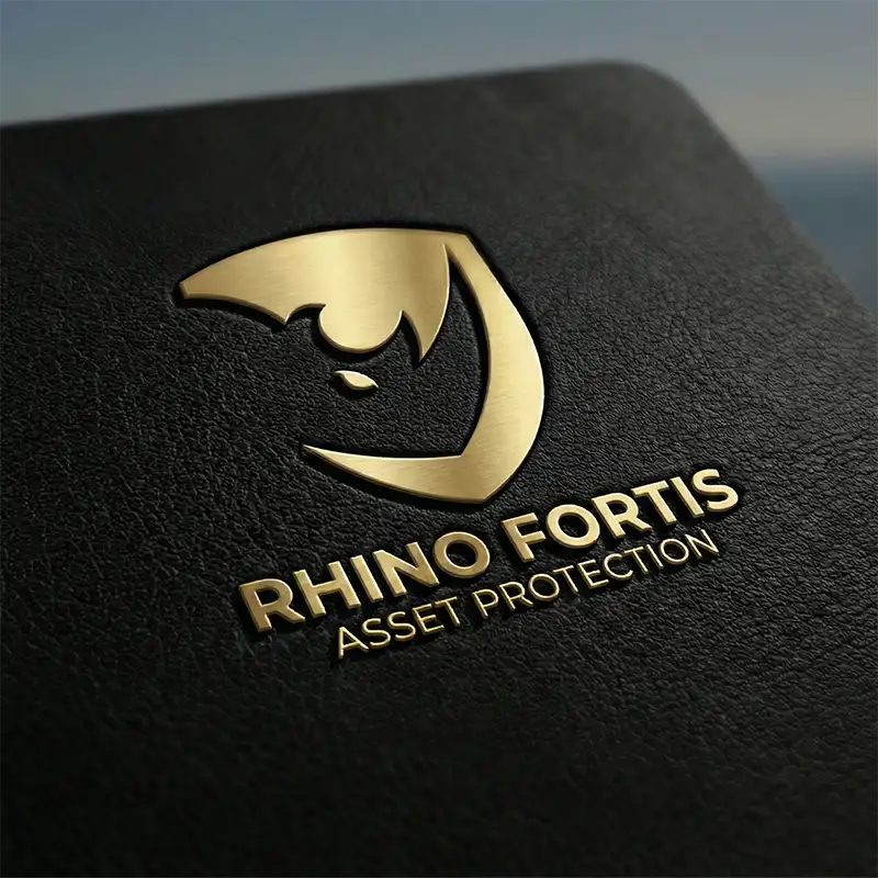 Gold rhino shield security logo on leather mockup