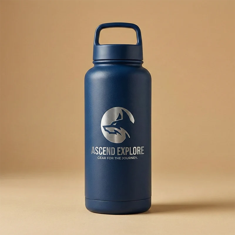 Silver wolf outdoor travel logo on bottle mockup