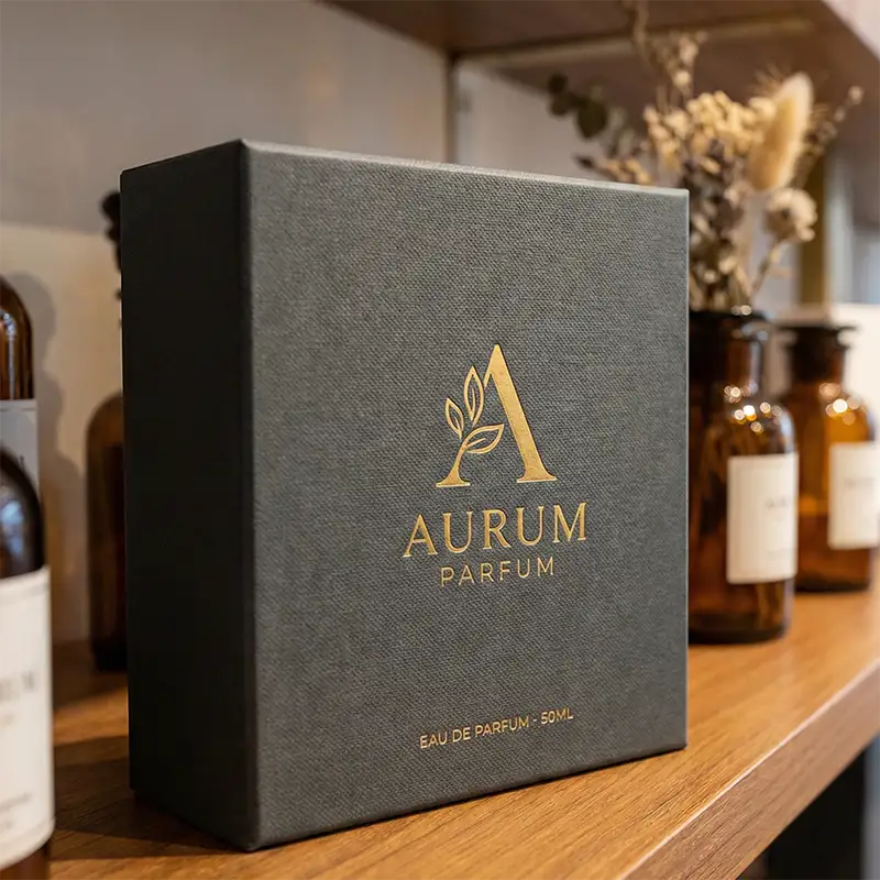 Gold leafy A perfume logo on box mockup