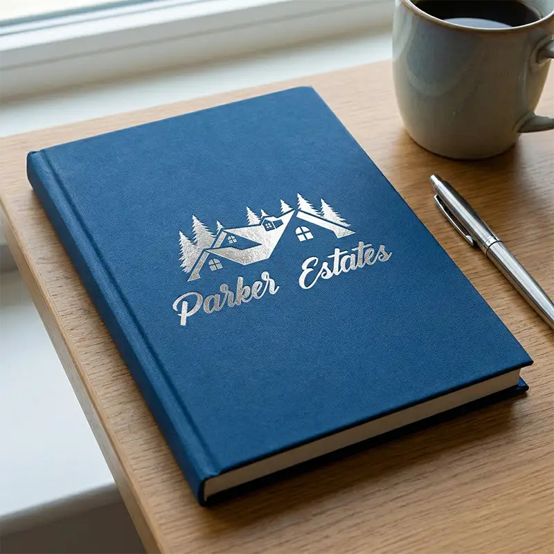 Real estate logo on blue notebook mockup