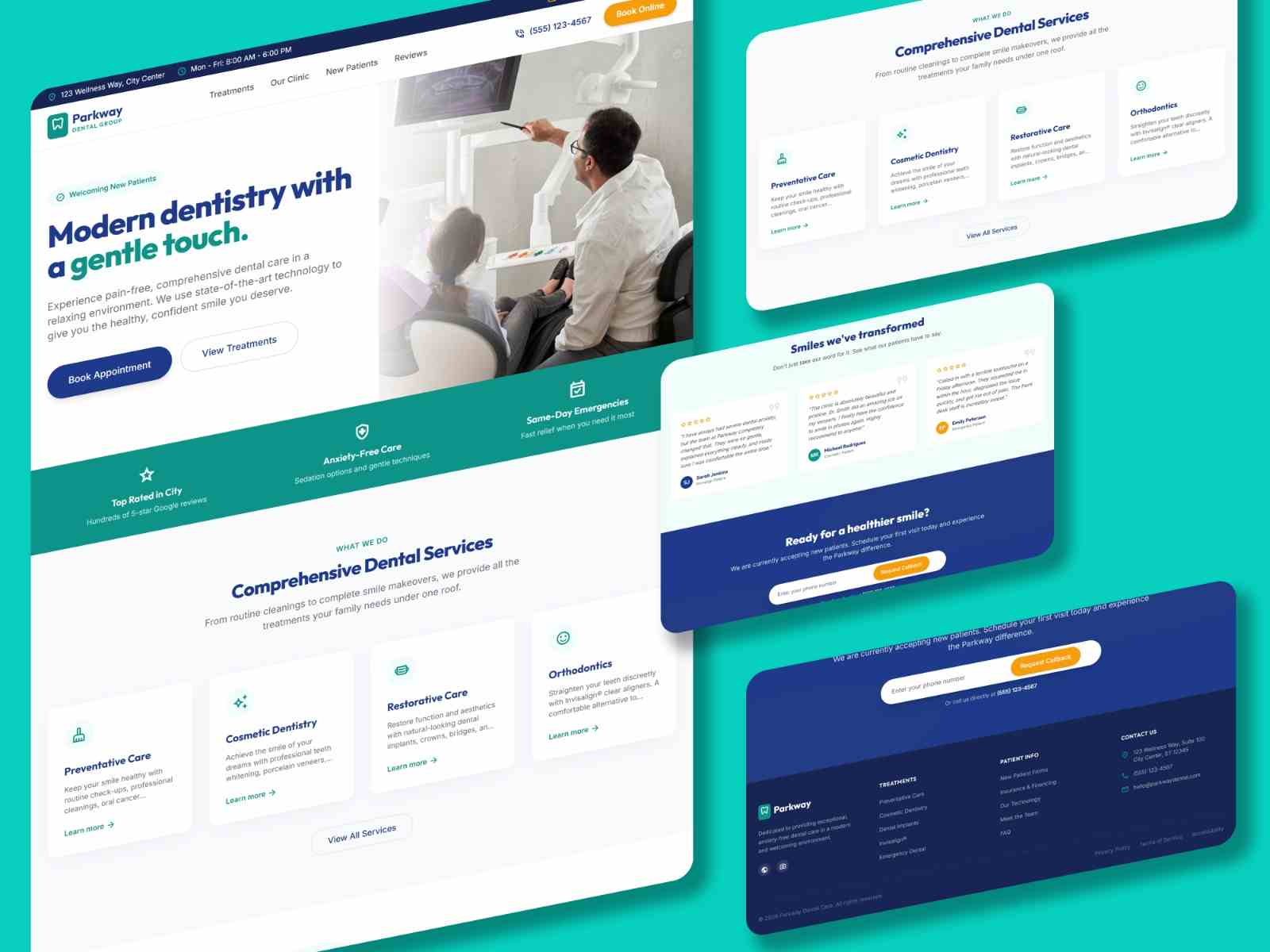 Clean and accessible dental clinic website layout featuring practitioner profiles, patient resources, and an online booking system integration